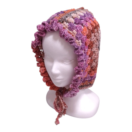 ハンドメイド・グラニースクエア ボンネット(大人用)— コットンシルク混・ピンク