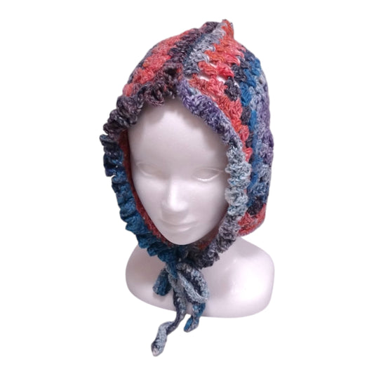 ハンドメイド・グラニースクエア ボンネット(大人用)— コットンシルク混・ブルー