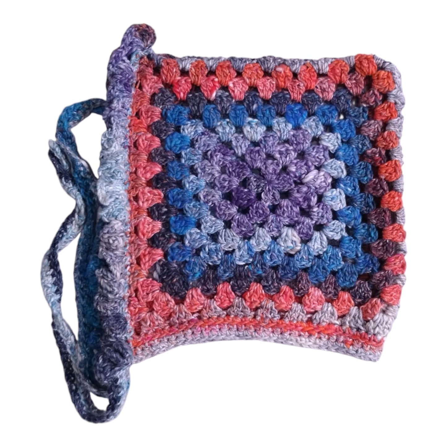 ハンドメイド・グラニースクエア ボンネット(大人用)— コットンシルク混・ブルー