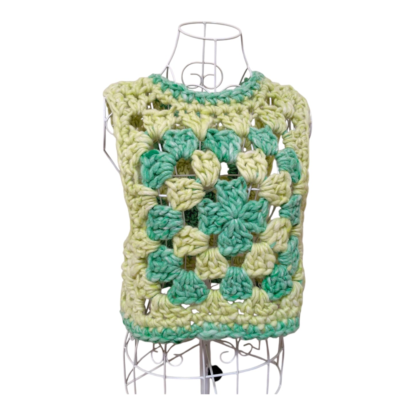 Handmade Crochet Granny Square Vest (100% Wool, Lime Green) Women's Sizes S-M