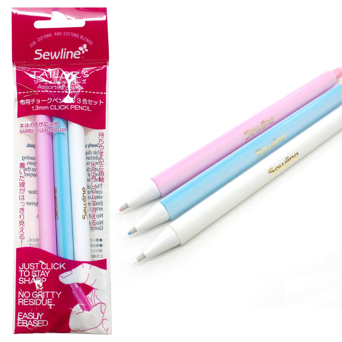 Sewline Fabric Chalk Pencils, 3-Color Set (White, Blue, Pink) FAB50075