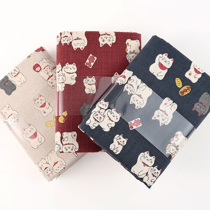 招き猫と和モチーフ柄｜綿100％ツムギ生地［約110×50cm／ドビー織］