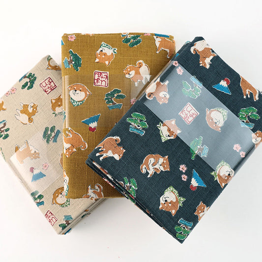 柴犬と和モチーフ柄｜綿100％ツムギ生地［約110×50cm／ドビー織］