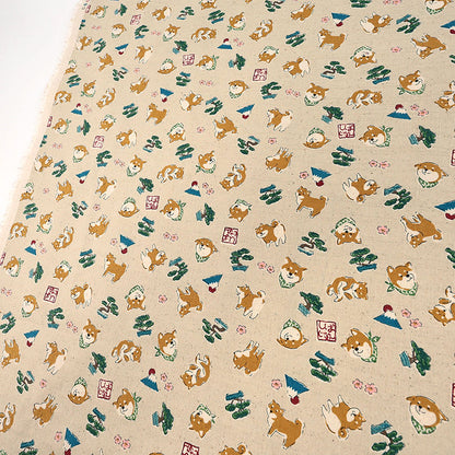 柴犬と和モチーフ柄｜綿100％ツムギ生地［約110×50cm／ドビー織］