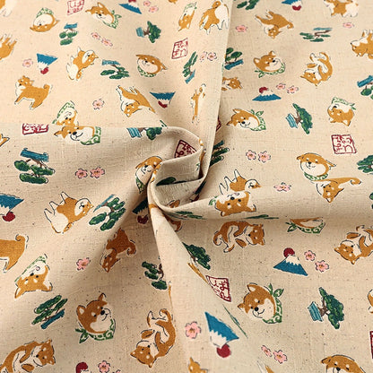 柴犬と和モチーフ柄｜綿100％ツムギ生地［約110×50cm／ドビー織］
