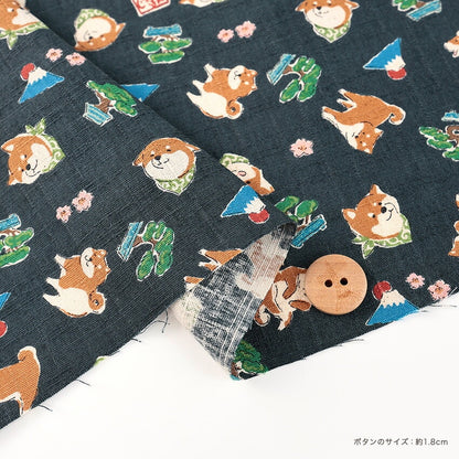 柴犬と和モチーフ柄｜綿100％ツムギ生地［約110×50cm／ドビー織］