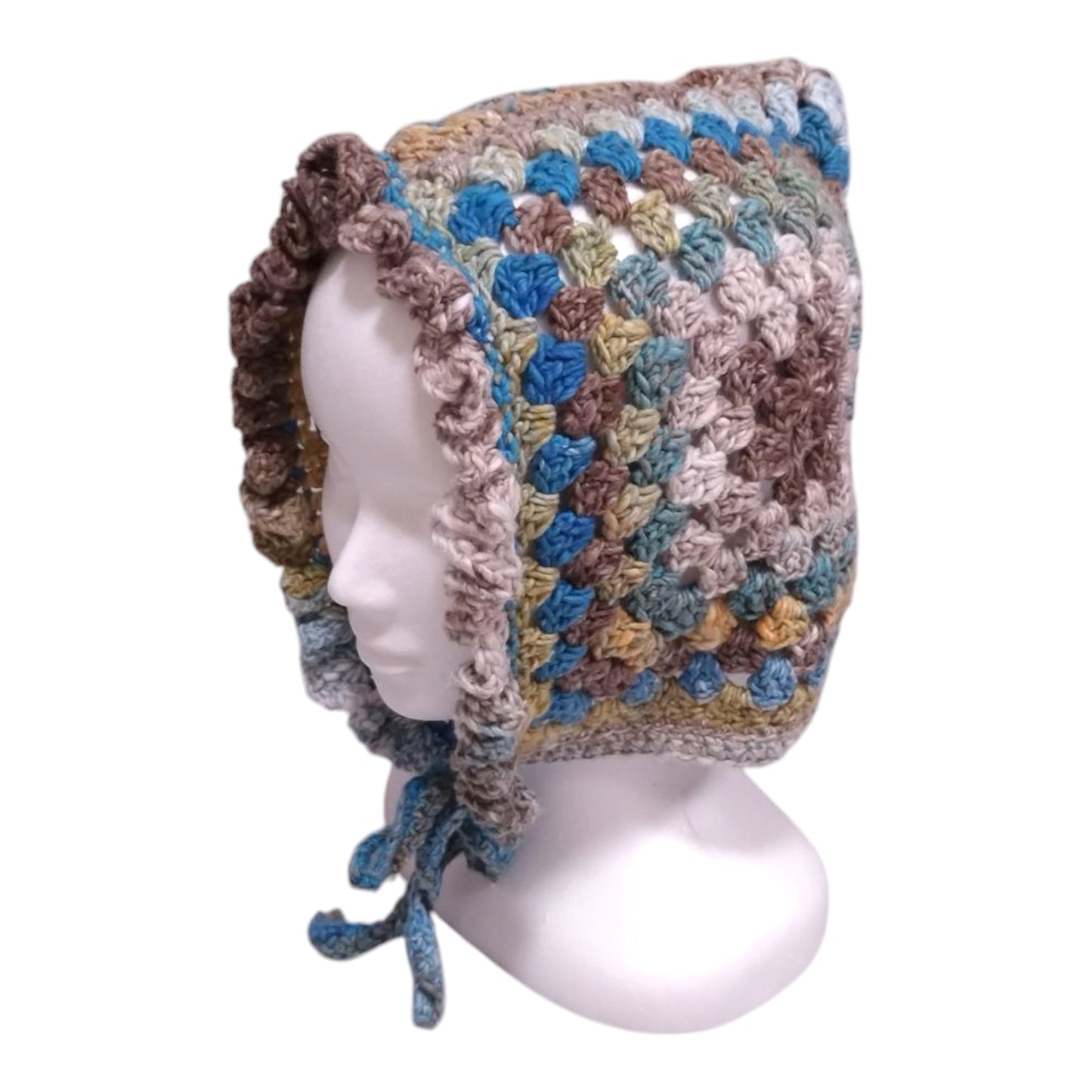 Handmade Granny Square Bonnet (Adult Size) – Cotton Silk Blend – Earth Tone Design – Made in Japan