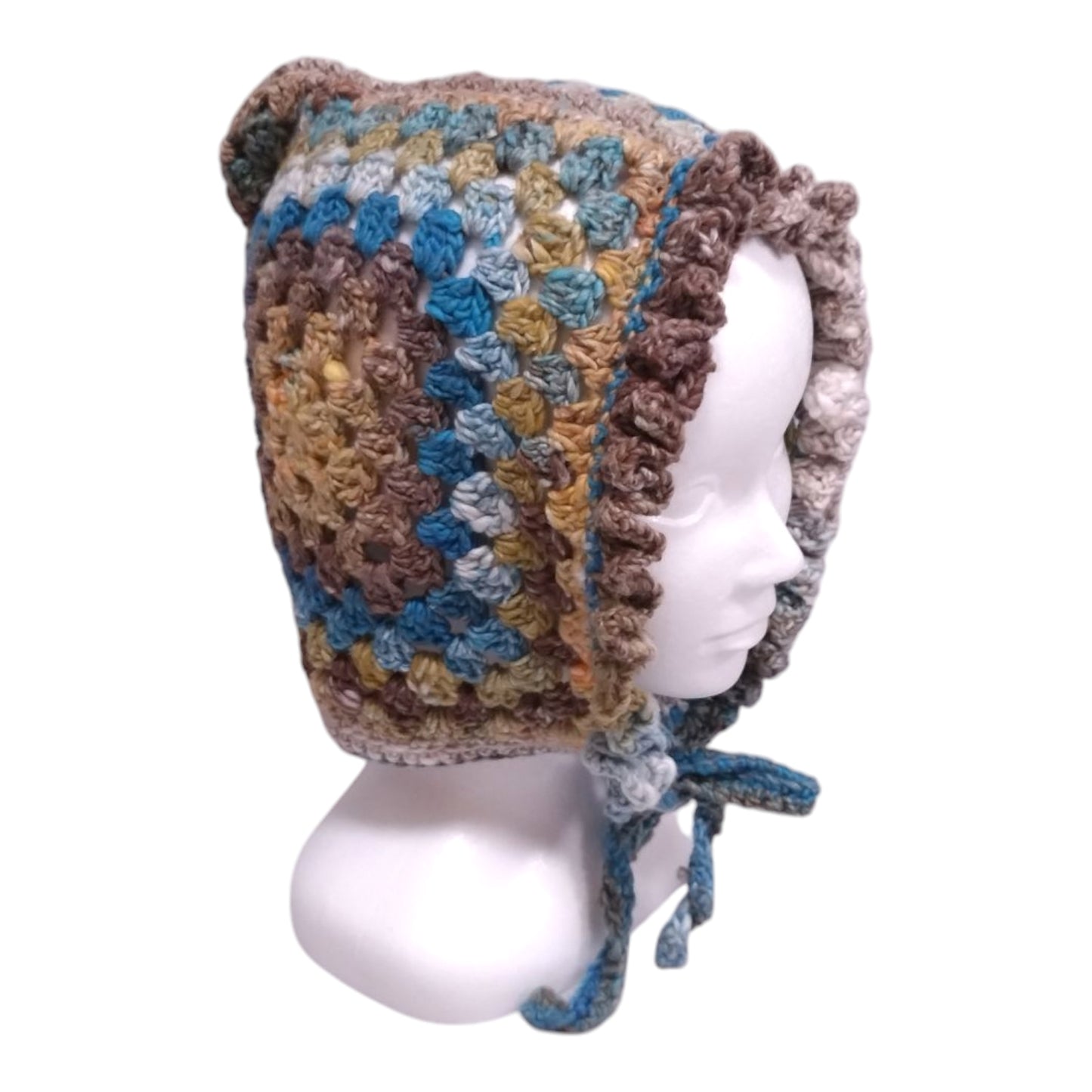 Handmade Granny Square Bonnet (Adult Size) – Cotton Silk Blend – Earth Tone Design – Made in Japan