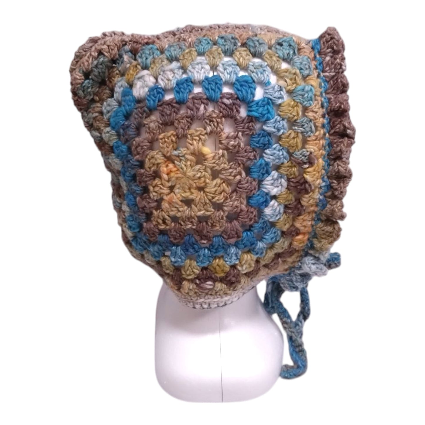 Handmade Granny Square Bonnet (Adult Size) – Cotton Silk Blend – Earth Tone Design – Made in Japan