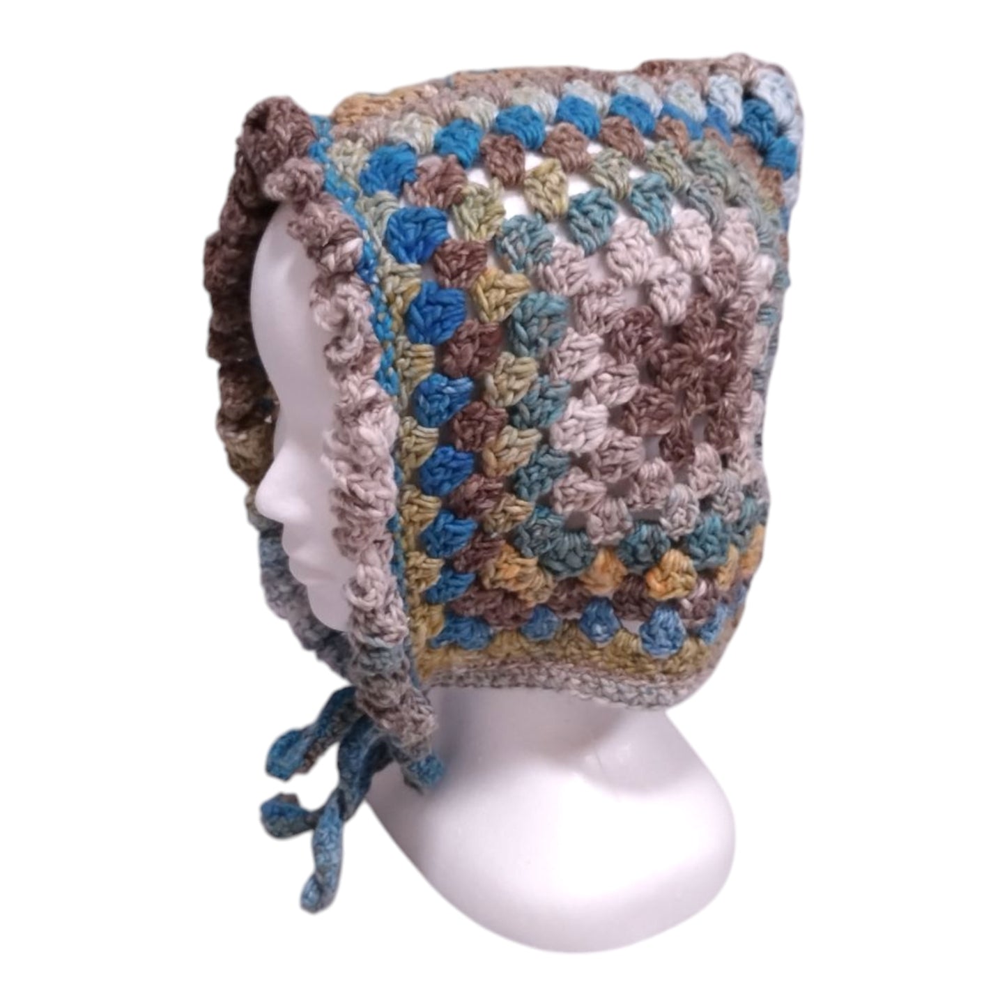 Handmade Granny Square Bonnet (Adult Size) – Cotton Silk Blend – Earth Tone Design – Made in Japan