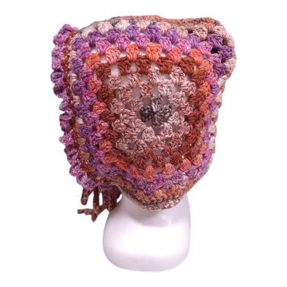 ハンドメイド・グラニースクエア ボンネット（大人用）— コットンシルク混・ピンク