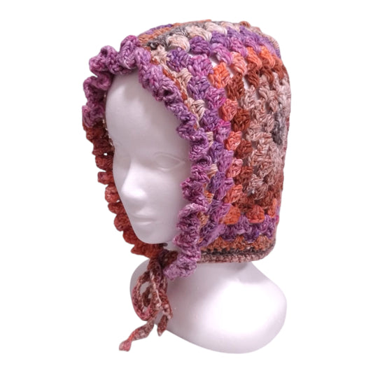 ハンドメイド・グラニースクエア ボンネット（大人用）— コットンシルク混・ピンク