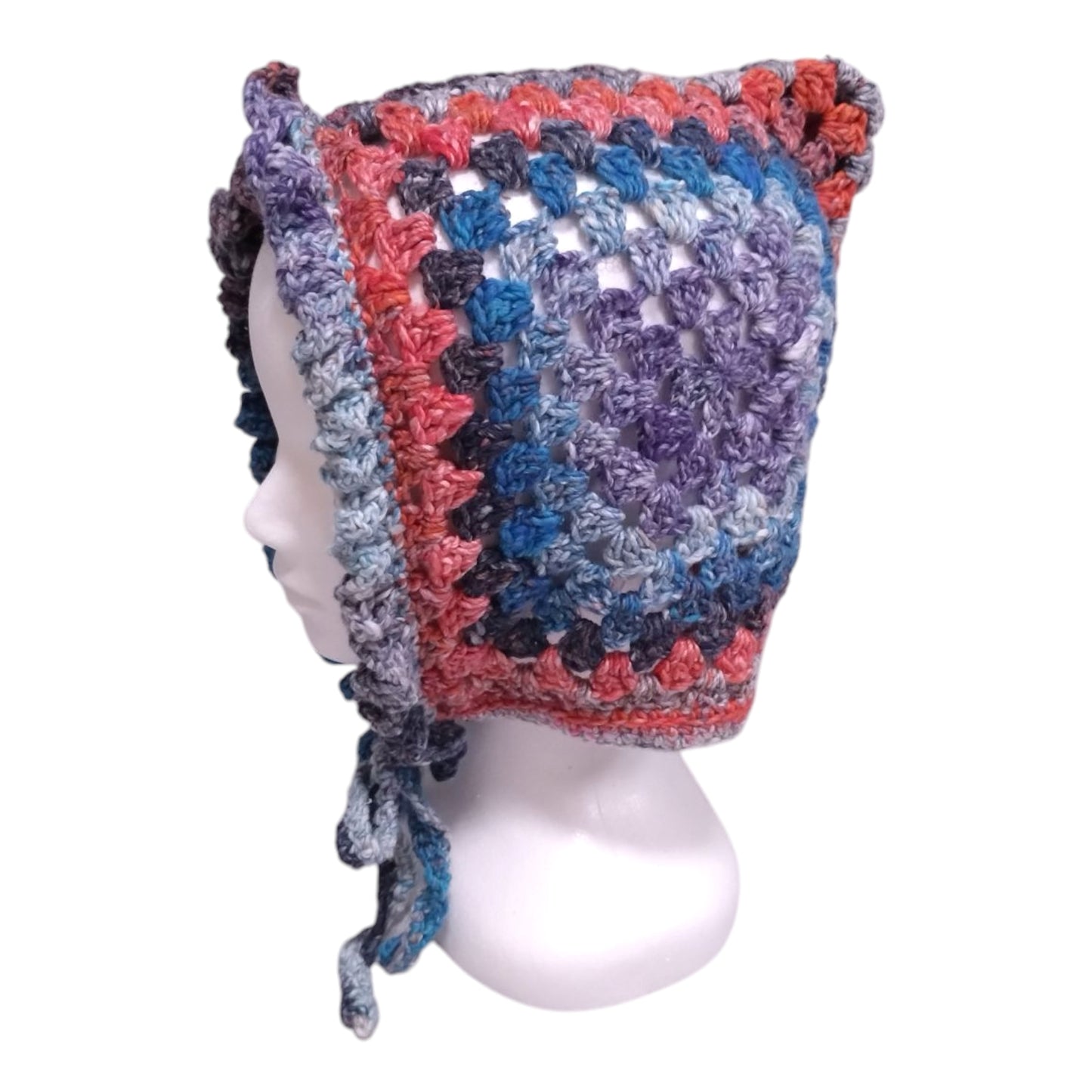 ハンドメイド・グラニースクエア ボンネット（大人用）— コットンシルク混・ブルー