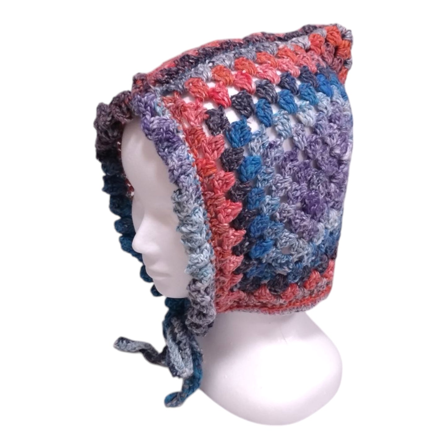 ハンドメイド・グラニースクエア ボンネット（大人用）— コットンシルク混・ブルー