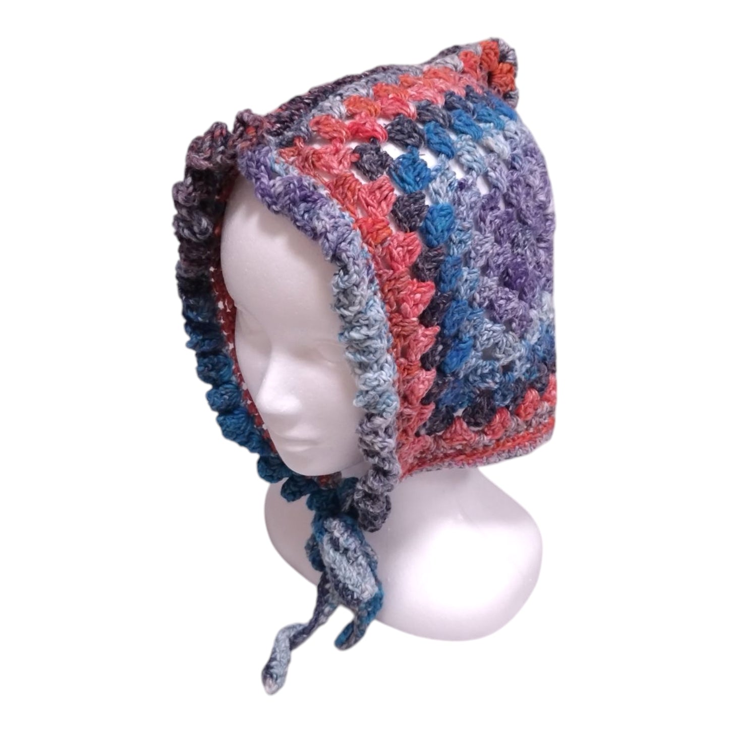 ハンドメイド・グラニースクエア ボンネット（大人用）— コットンシルク混・ブルー