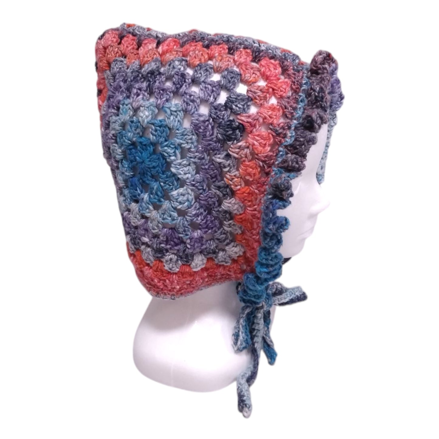 ハンドメイド・グラニースクエア ボンネット（大人用）— コットンシルク混・ブルー