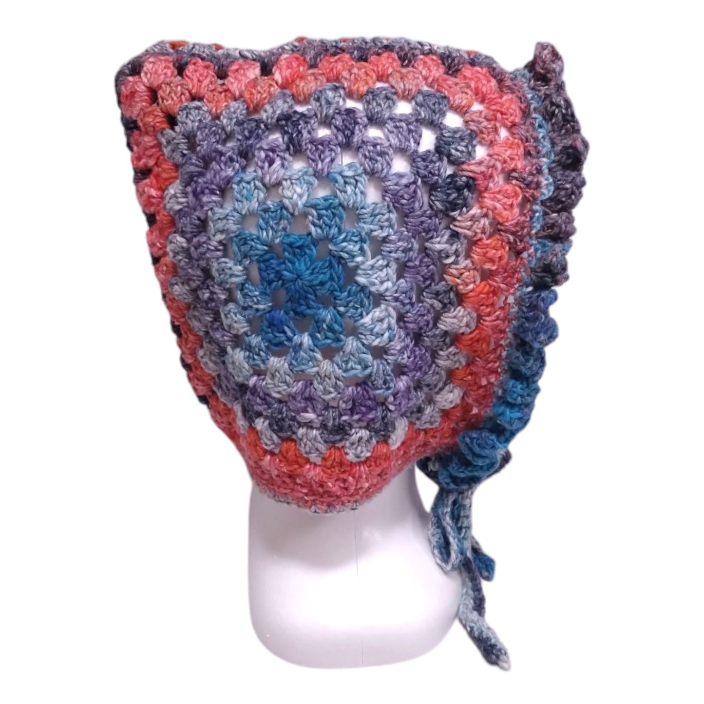 ハンドメイド・グラニースクエア ボンネット（大人用）— コットンシルク混・ブルー