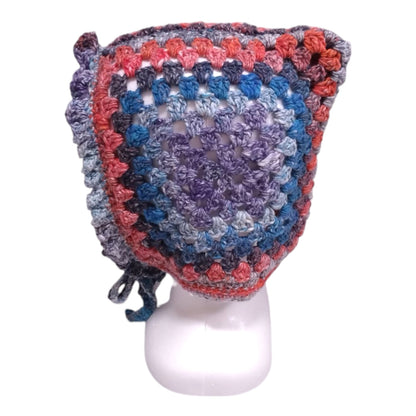 ハンドメイド・グラニースクエア ボンネット（大人用）— コットンシルク混・ブルー