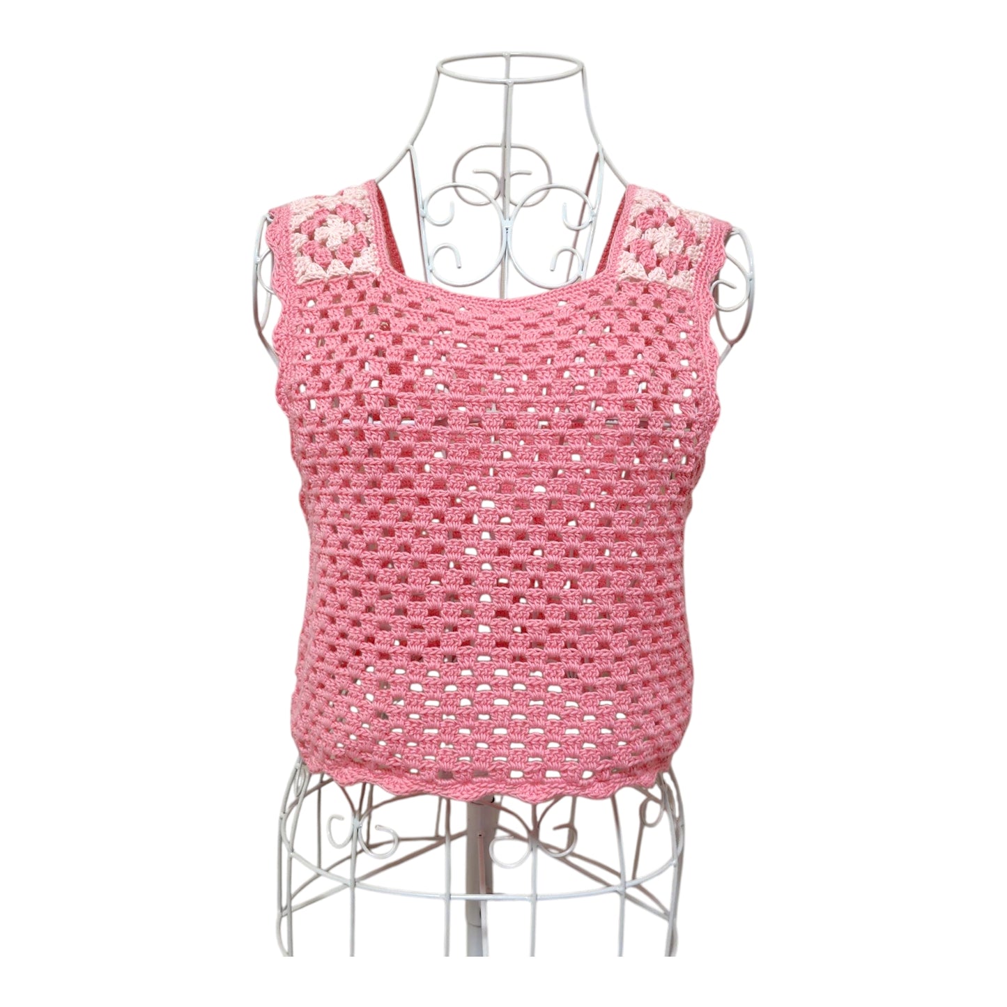 ハンドメイド クロッシェベスト（ピンクのグラニースクエア） レディース S〜M