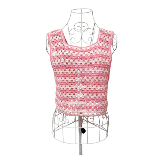 ハンドメイド クロッシェベスト（レトロピンク×ライトピンク／グラニーステッチ） レディース S〜M