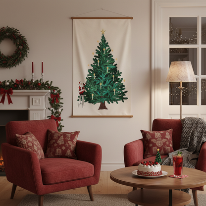 クリスマスツリーとサンタクロース タペストリーパネル カットクロス（オフホワイト／ネイビー）108×70cm